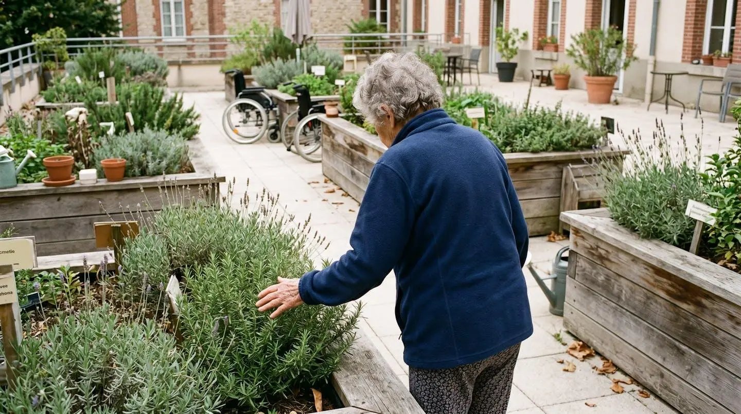 Personne âgée vue de dos touchant délicatement des herbes aromatiques dans un bac de jardin surélevé accessible, jardin thérapeutique méditerranéen d'EHPAD avec lavande et romarin