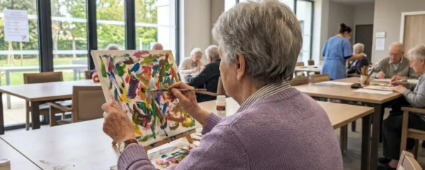 Une résidente vue de dos participe à un atelier de peinture dans une salle lumineuse d'EHPAD, son pinceau touchant une toile colorée, d'autres participants visibles en arrière-plan