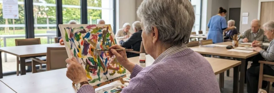 Une résidente vue de dos participe à un atelier de peinture dans une salle lumineuse d'EHPAD, son pinceau touchant une toile colorée, d'autres participants visibles en arrière-plan