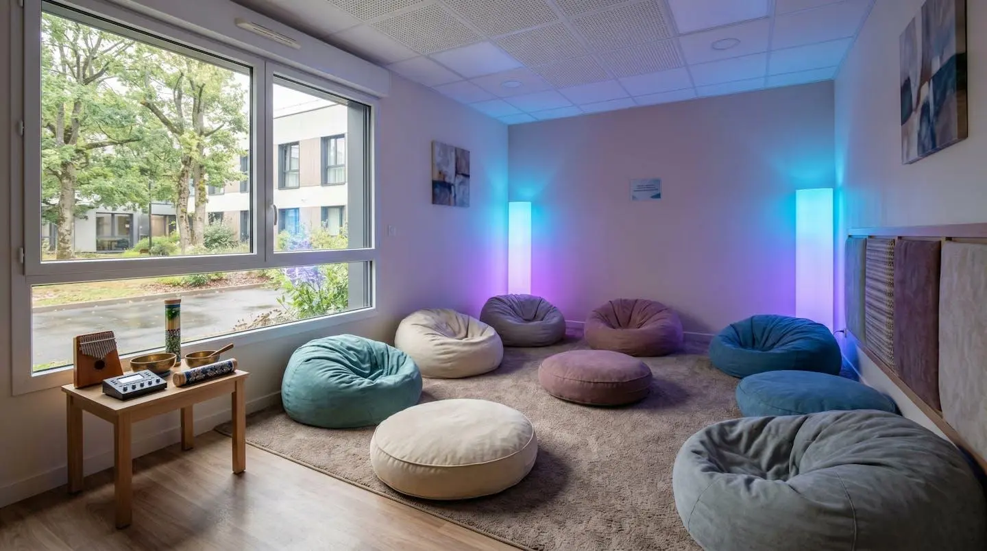 Salle de thérapie sensorielle vide dans un EHPAD moderne avec éclairage LED doux bleu et violet, coussins au sol disposés en cercle et équipement sonore sur une table latérale