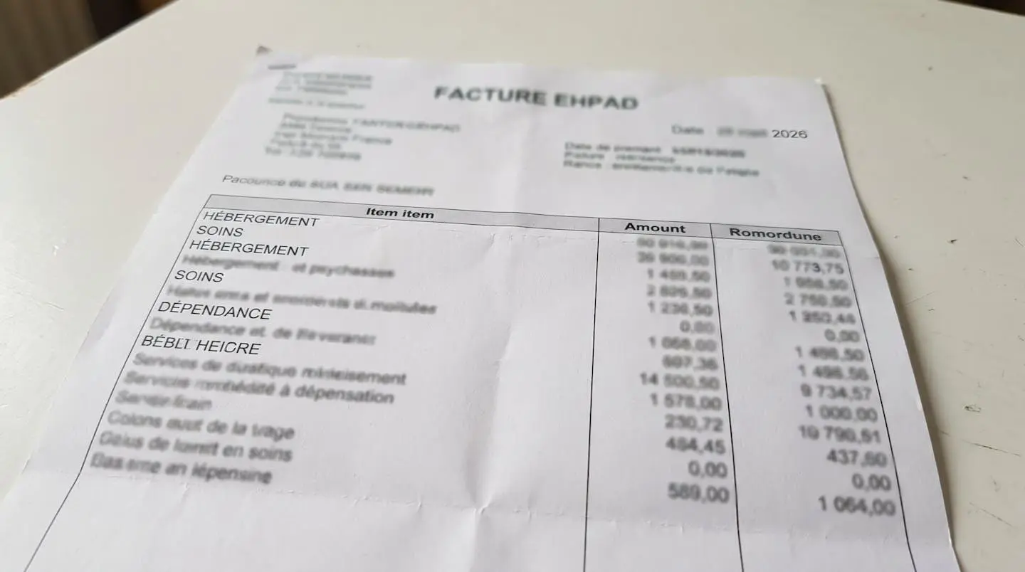 Gros plan détaillé d'une facture mensuelle EHPAD avec lignes budgétaires (hébergement, soins, dépendance) disposées sur papier blanc