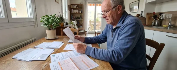 Personne senior de profil consultant attentivement des documents administratifs et factures médicales sur une table en bois