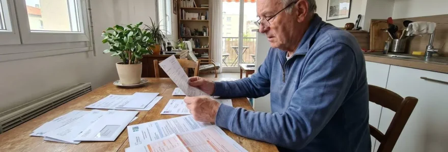 Personne senior de profil consultant attentivement des documents administratifs et factures médicales sur une table en bois
